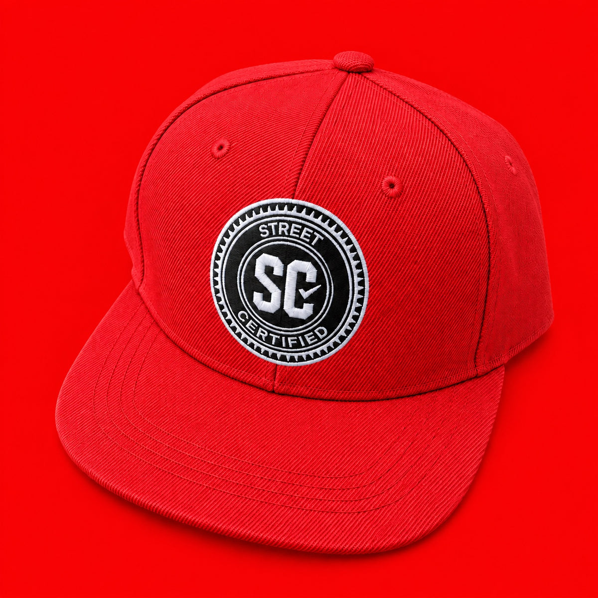 Street Certified Signature Logo Snapback in Red on a red background