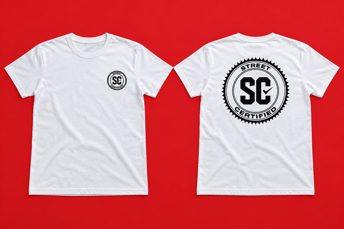 Street Certified Signature Logo Tee in White on a red background