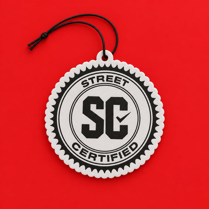Street Certified Signature Logo Air Freshener in Black and White on a red background