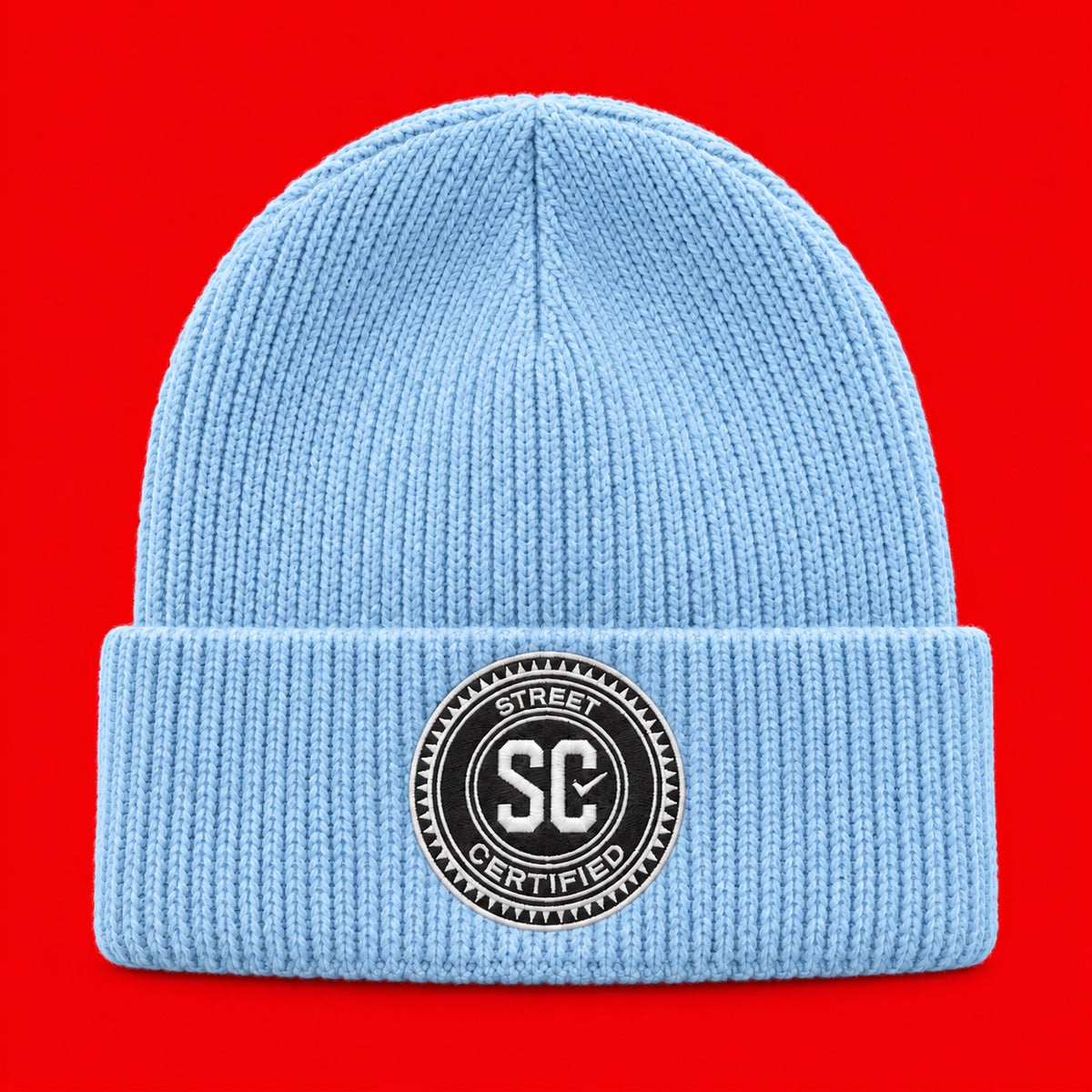 Street Certified Signature Cuffed Beanie in Baby Blue on a red background