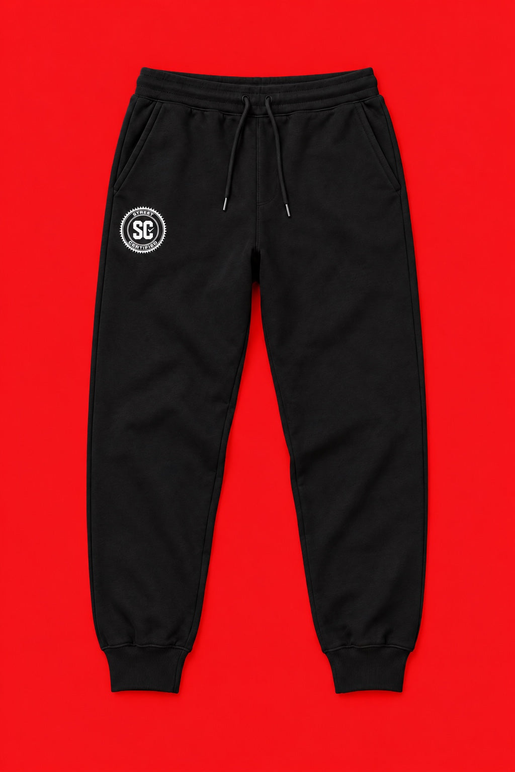 Street Certified Signature Logo Joggers in Black on a red background