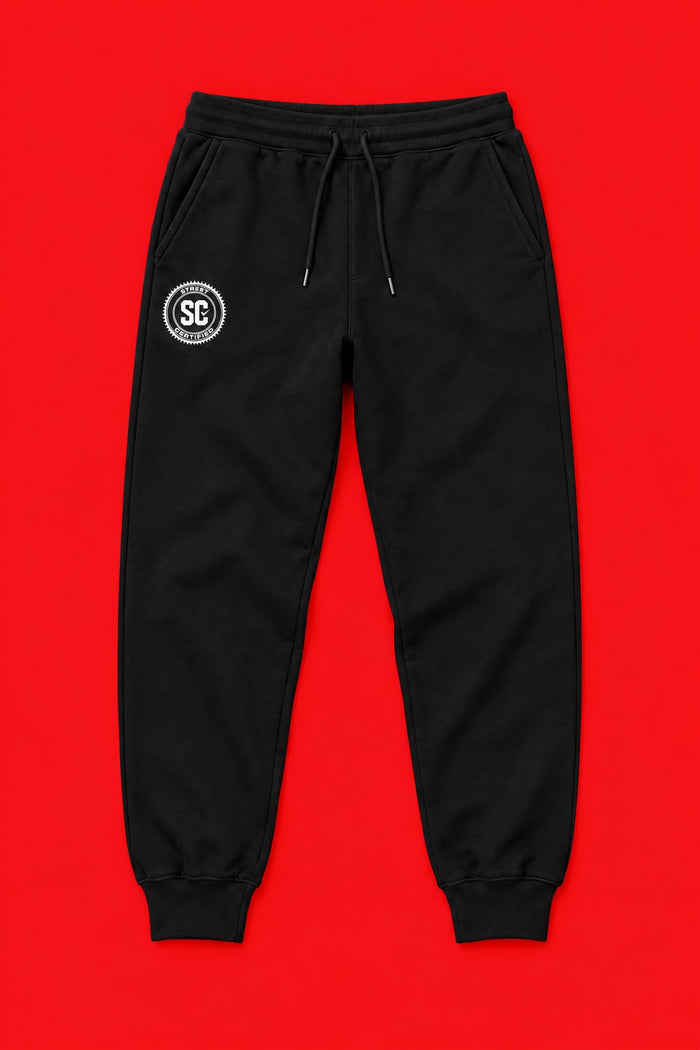 Street Certified Signature Logo Joggers in Black on a red background