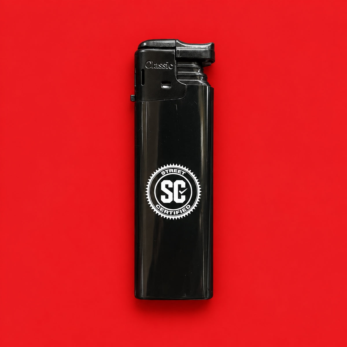 Street Certified Signature Logo Lighter in Black on a red background