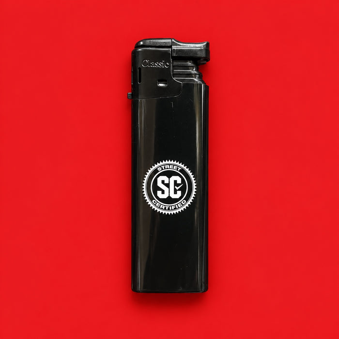 Street Certified Signature Logo Lighter in Black on a red background