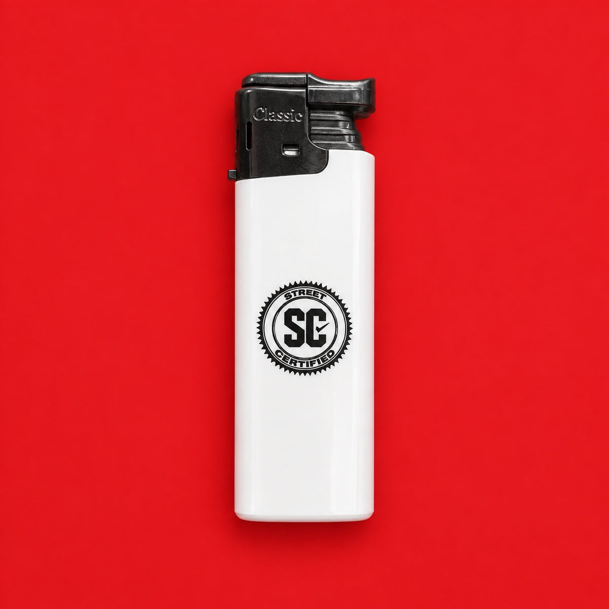 Street Certified Signature Logo Lighter in White on a red background