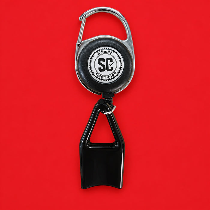 Street Certified Signature Retractable Clip in Black on a red background