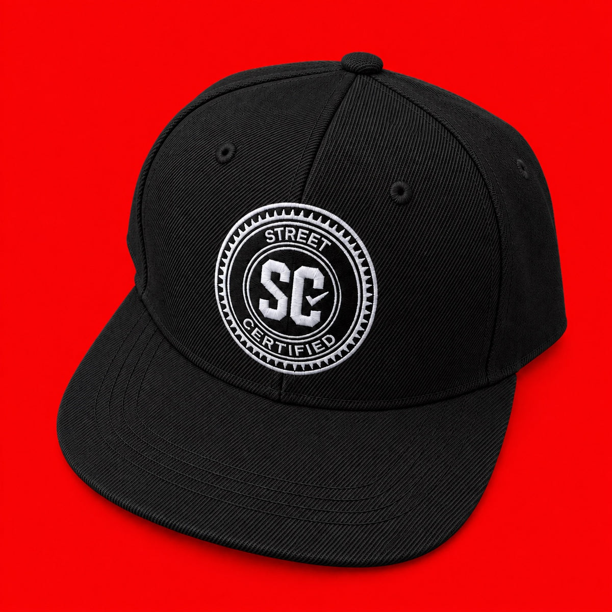 Street Certified Signature Logo Snapback in Black on a red background
