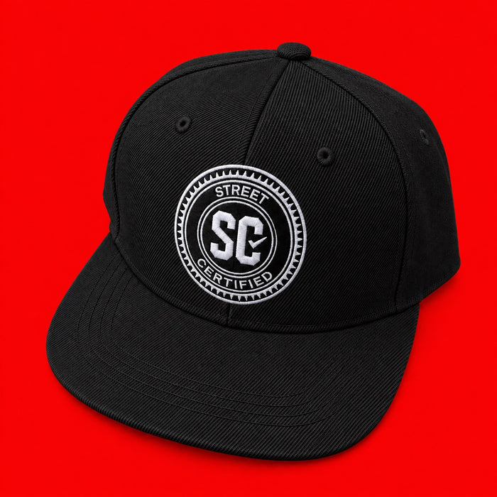 Street Certified Signature Logo Snapback in Black on a red background