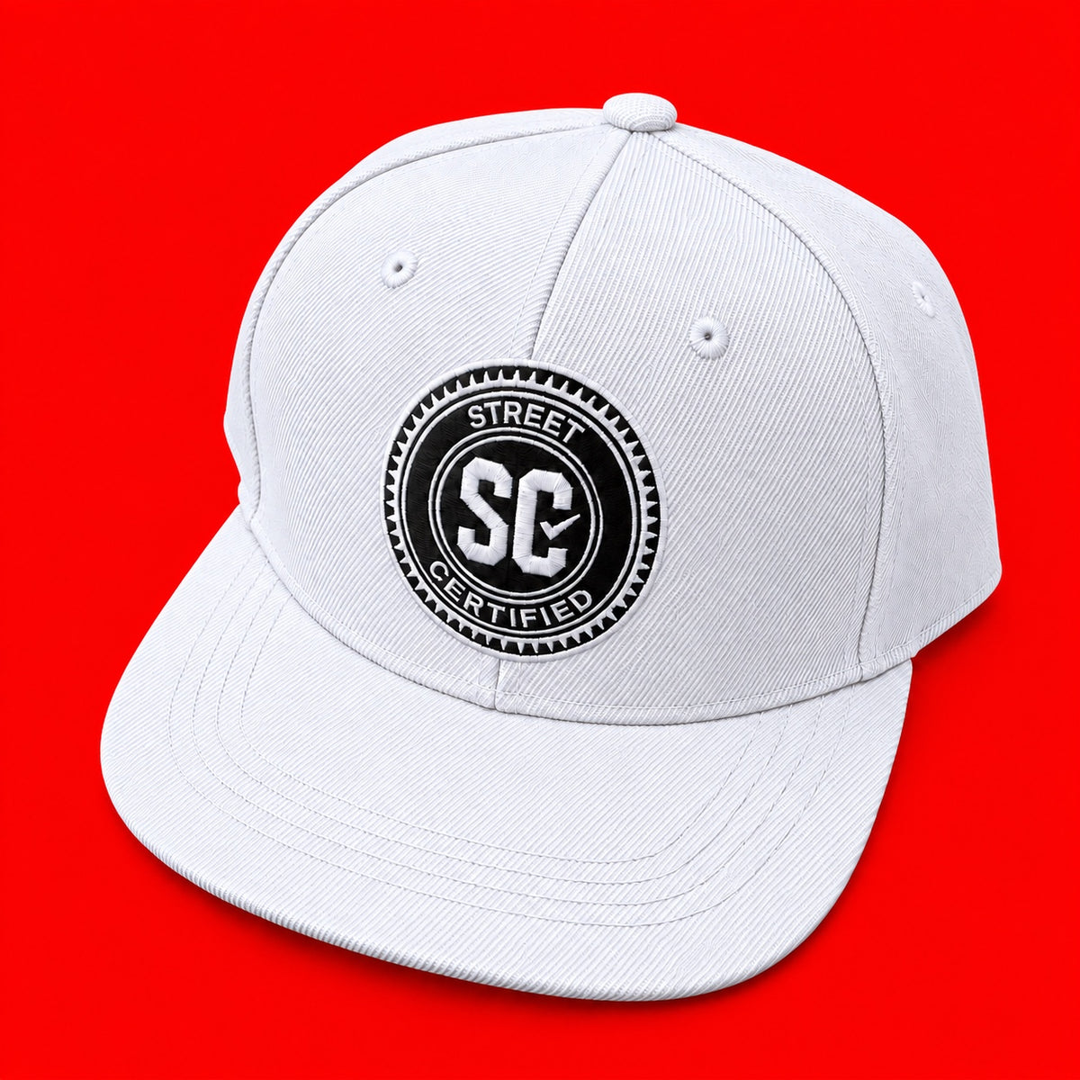 Street Certified Signature Logo Snapback in White on a red background
