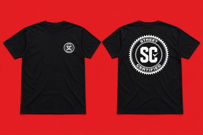 Street Certified Signature Logo Tee in Black on a red background
