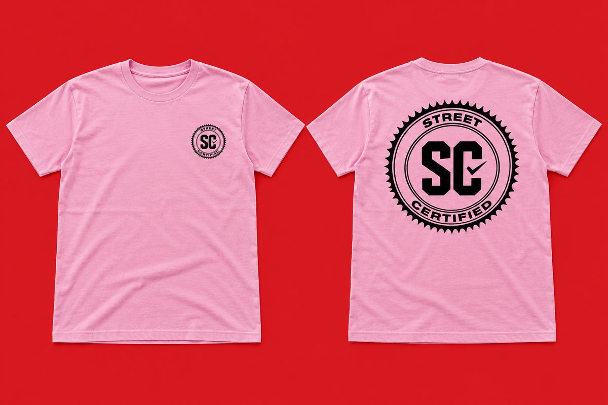 Street Certified Signature Logo Tee in Pink on a red background